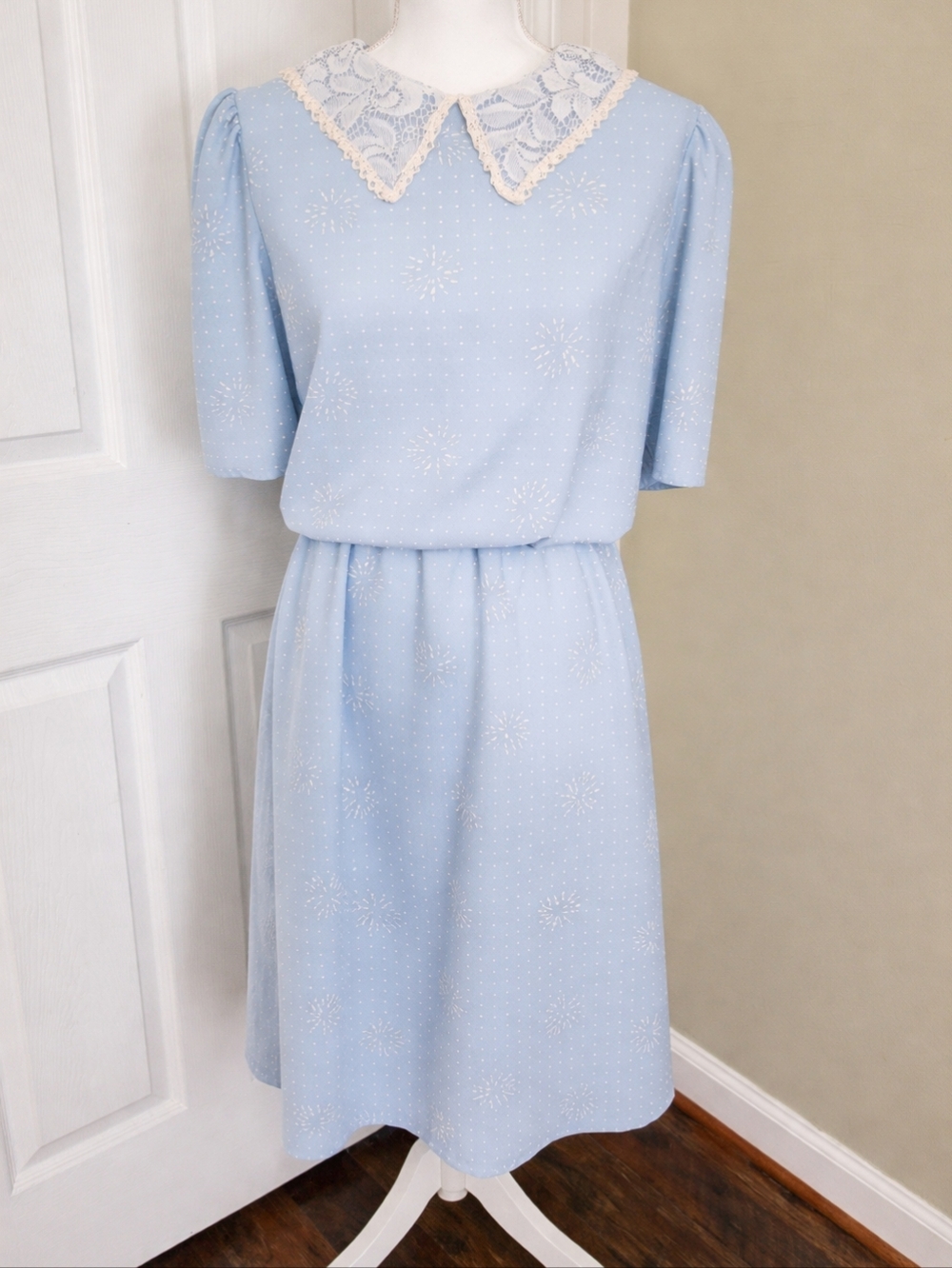 Vintage 1970s Blue Lace Collar Dress | Size 15–16 | Made in USA | Grandmacore